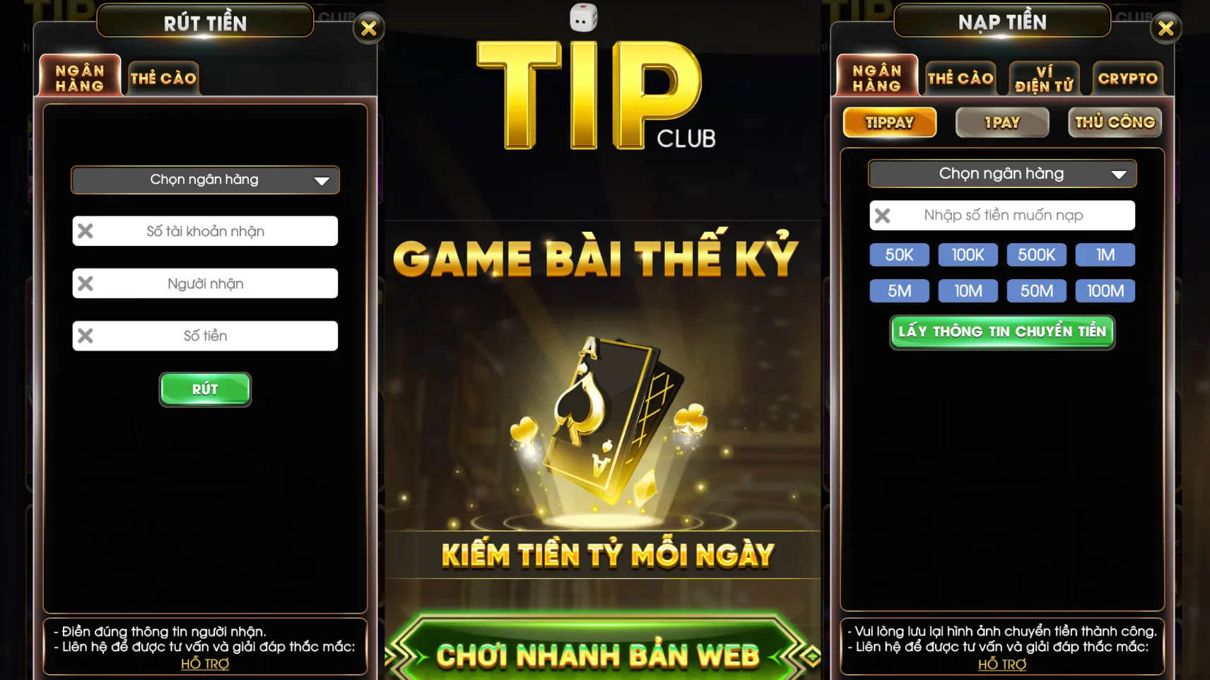 Nạp rút tiền nhanh chóng tại Tip Club